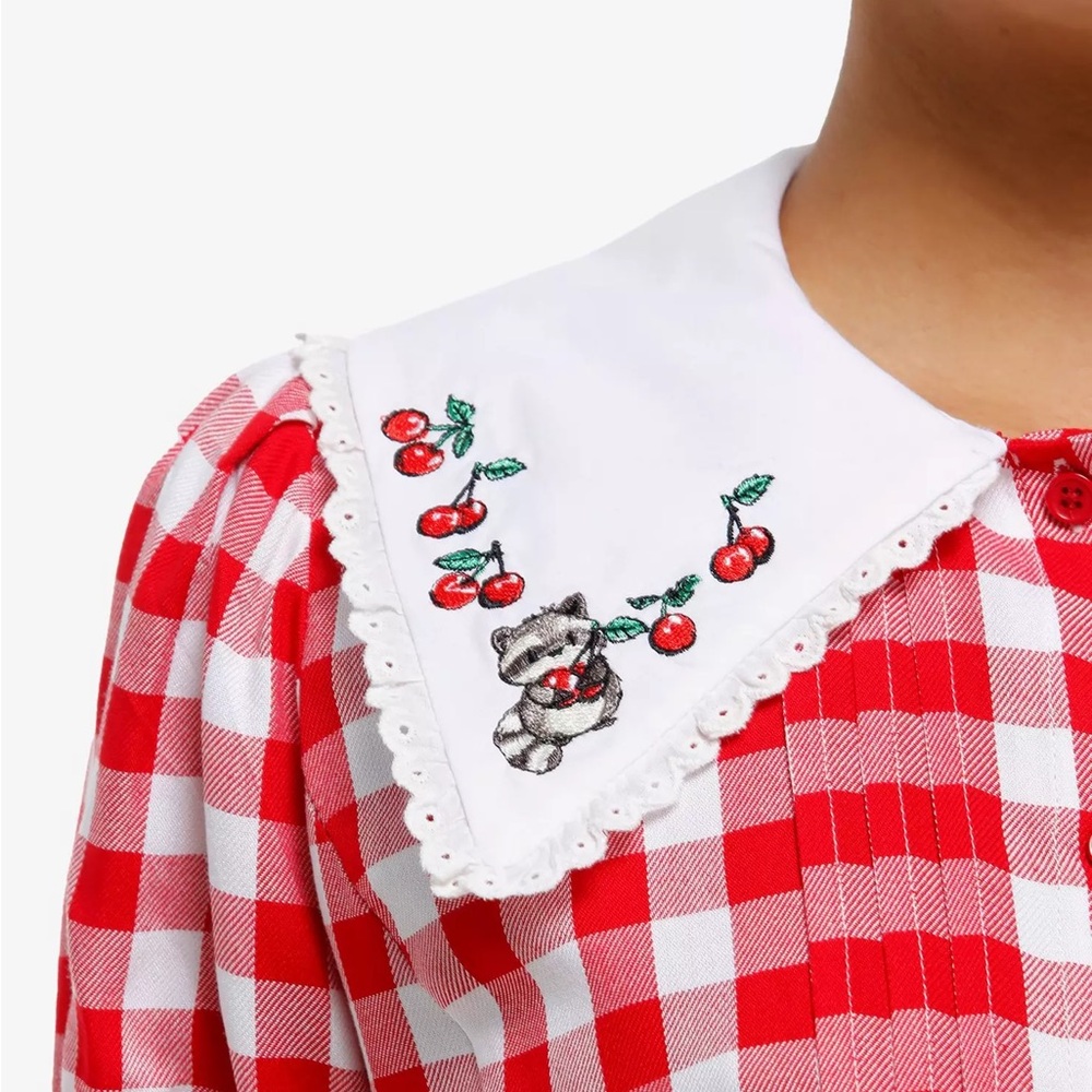 Thorn & Fable Raccoon & Cherries Red Gingham Woven Top Hot Topic - Picture 4 of 4